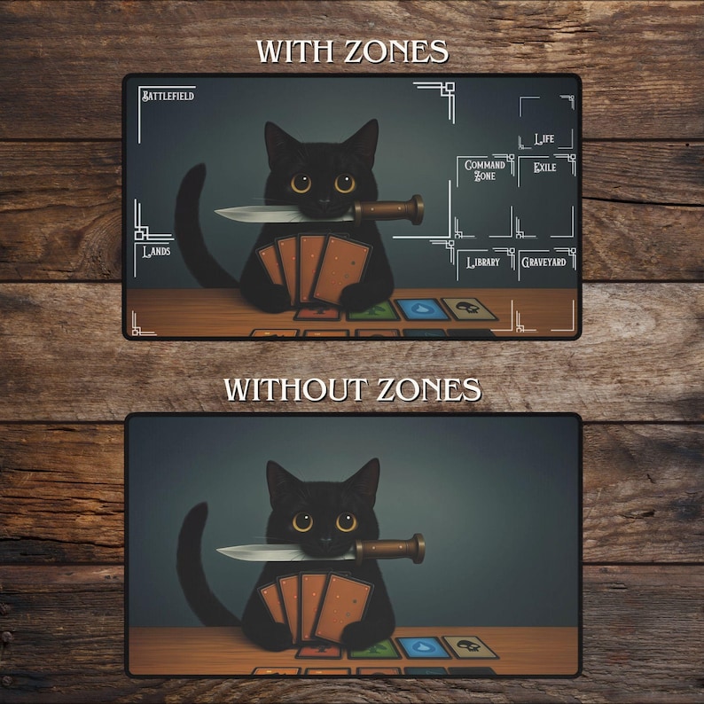 May include: A black cat illustration with a knife in its mouth, holding playing cards. The image is on a gaming mat with the text "WITH ZONES" and "WITHOUT ZONES". The mat has zones for gameplay.