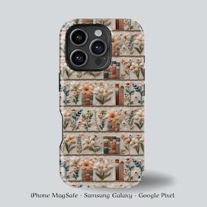 Borduurwerk Lelie Bookish telefoonhoesje 3D Cottagecore bloemenboek telefoonhoesje MagSafe iPhone 16 15 14 | Pixel Samsung-cadeau voor boekenliefhebbers