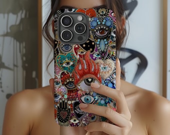 Evil Eyes Mosaic Charm Phone Case Decoden Collage, Vintage Evil Eye Retro Junk Case Aesthetic iPhone 16 15 14 Pro Case Galaxy S24 & Pixel