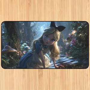 Lorcana-speelmat met zones Alice-thema onofficiële Lorcana-speelmat gestikte TCG-speelmat Lorcana Proxy Trading Card Games-speelmat Bureaumat