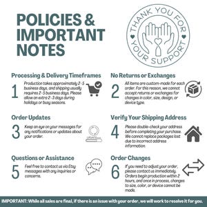 May include: A teal and white graphic with the text "POLICIES & IMPORTANT NOTES." The image includes information about processing times, returns, order updates, shipping address verification, and order changes. A circular graphic says "THANK YOU FOR YOUR SUPPORT."