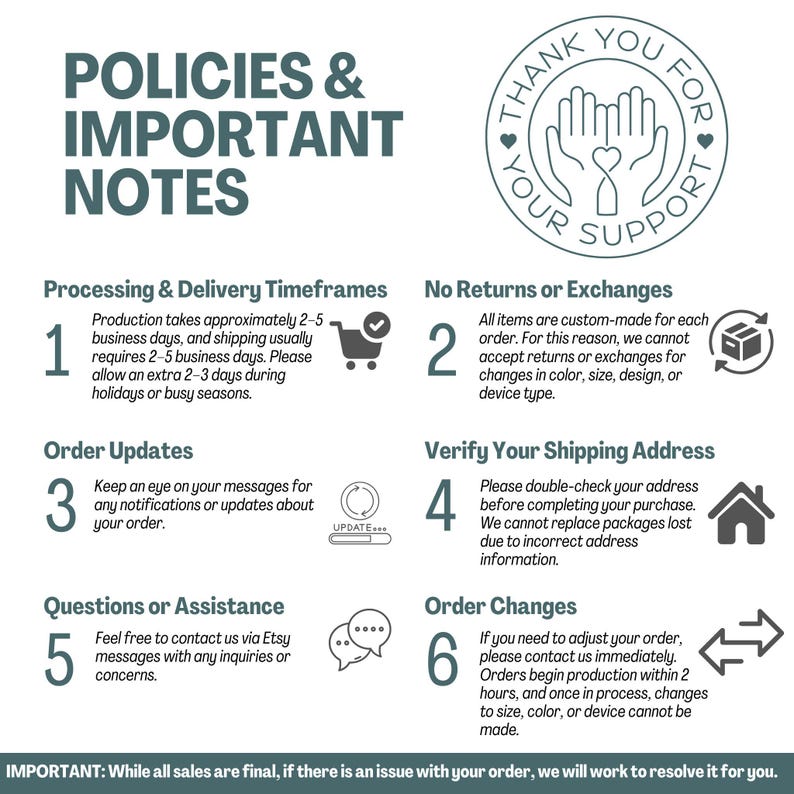 May include: A teal and white graphic with the text "POLICIES & IMPORTANT NOTES." The image includes information about processing times, returns, order updates, shipping address verification, and order changes. A circular graphic says "THANK YOU FOR YOUR SUPPORT."