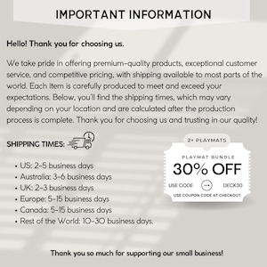 May include: Text on a white background reads "IMPORTANT INFORMATION" and "Hello! Thank you for choosing us." Additional text details product quality, customer service, and shipping times. A coupon offers 30% off playmat bundles with code DECK30.