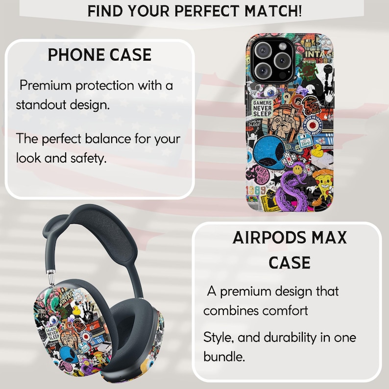 Puede incluir: Una funda para tel&eacute;fono y unos auriculares con un dise&ntilde;o de calcoman&iacute;as coloridas. La funda para tel&eacute;fono tiene un dise&ntilde;o de calcoman&iacute;as con el texto "Gamers Never Sleep". Los auriculares tienen un dise&ntilde;o de calcoman&iacute;as con el texto "Gamers Never Sleep".