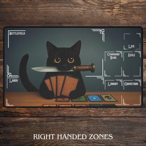 May include: A black cat with yellow eyes holds a knife in its mouth and playing cards in its paws. The image is a playmat with zones labeled "Battlefield", "Lands", "Command Zone", "Life", "Exile", "Library", and "Graveyard". The text "RIGHT HANDED ZONES" is at the bottom.