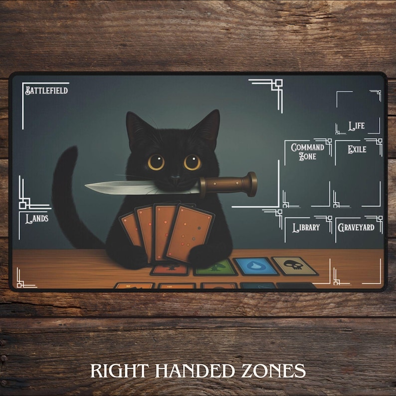 May include: A black cat with yellow eyes holds a knife in its mouth and playing cards in its paws. The image is a playmat with zones labeled "Battlefield", "Lands", "Command Zone", "Life", "Exile", "Library", and "Graveyard". The text "RIGHT HANDED ZONES" is at the bottom.