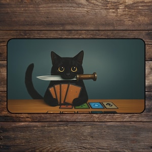 May include: A black cat with yellow eyes holds a knife in its mouth and a hand of cards. The cat sits at a table with game cards. The background is a teal color.