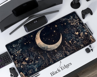 Celestial Moon Desk Mat: Cottagecore Floral RGB Mousepad