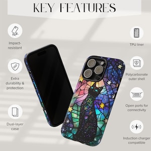 May include: A phone case with a stained glass design featuring a black cat and stars on a dark blue background. The case is made of a polycarbonate outer shell with a TPU liner and has open ports for connectivity. It is compatible with wireless charging.