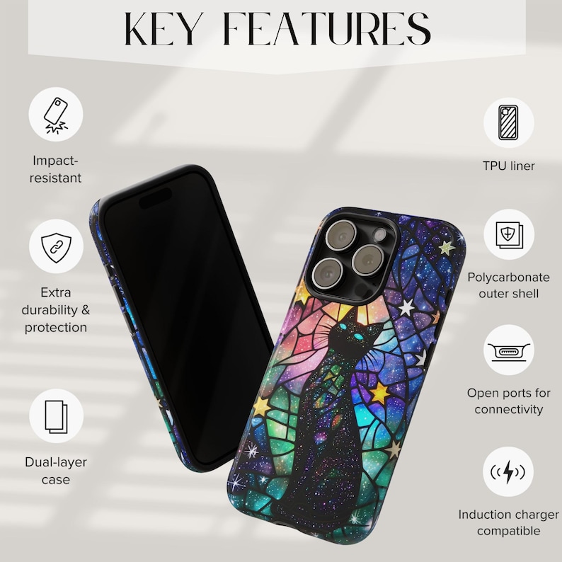 May include: A phone case with a stained glass design featuring a black cat and stars on a dark blue background. The case is made of a polycarbonate outer shell with a TPU liner and has open ports for connectivity. It is compatible with wireless charging.