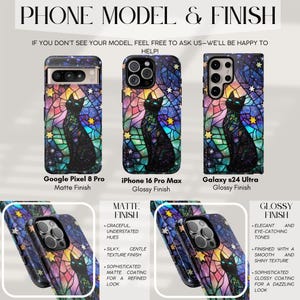 May include: Three phone cases with a stained glass design featuring a black cat and stars. The cases are for a Google Pixel 8 Pro, an iPhone 16 Pro Max, and a Galaxy s24 Ultra. The Google Pixel 8 Pro case has a matte finish, while the iPhone 16 Pro Max and Galaxy s24 Ultra cases have a glossy finish.