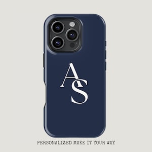 May include: Navy blue phone case with a white "AS" monogram. The case has a glossy finish and a camera module with three lenses. The text "PERSONALIZED MAKE IT YOUR WAY" is printed at the bottom of the case.