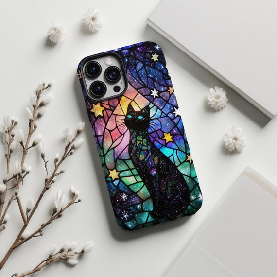 Celestial Cat Phone Case: Faux Stained Glass Gothic Moon Stars