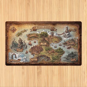 May include: A rectangular map with a vintage aesthetic, depicting an island archipelago. The map features various locations such as "Kraken Sanctuary," "Ice Glacier," and "Exile." The title "The Divided Archipelago" is displayed across the top. The map is framed by a dark brown border.