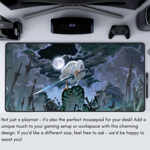 May include: A rectangular playmat featuring a whimsical illustration of a white goose holding a sword, set against a backdrop of a full moon, swords, and a cloudy sky. The playmat is designed for gaming and workspace use.