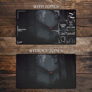 May include: Two black playmats, one with zones and one without, featuring a dark forest scene with a moth-like creature with glowing red eyes. The top mat has white text and zone indicators. The text "WITH ZONES" and "WITHOUT ZONES" are at the top and bottom.