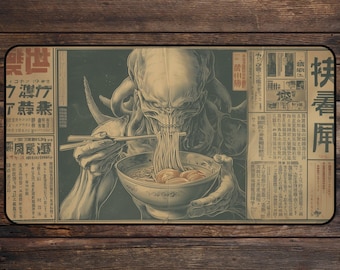 May include: A rectangular, dark-toned mat featuring a detailed illustration of a skeletal creature eating ramen with chopsticks. The design incorporates Japanese text and a vintage aesthetic, creating a unique and artistic piece.