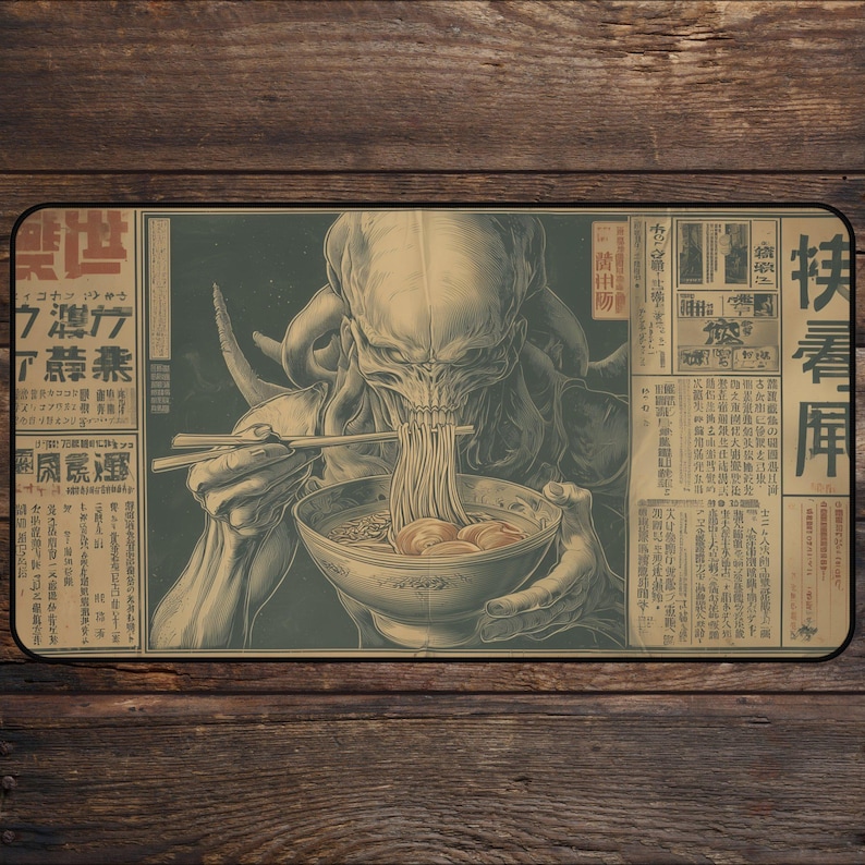 Because even cosmic nightmares need carbs.
This twisted playmat blends sci-fi horror with Japanese ramen culture in a vintage newspaper aesthetic. Featuring a grotesque alien creature slurping noodles like it's the end of the world, it’s perfect for gamers, weirdcore enthusiasts, or lovers of horror-fusion art. A must-have for TCG battles, dystopian setups, or anyone who appreciates chaos with a side of eggs.

Premium surface, non-slip base. Because terrifying hunger requires stability.