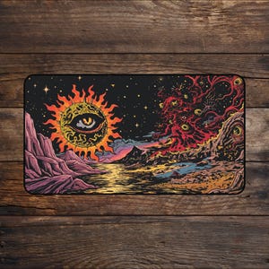 May include: A rectangular desk mat featuring a surreal landscape illustration. A large, glowing sun with a central eye sits above purple mountains and a reflective body of water. To the right, a swirling red nebula-like formation contains multiple eyes.