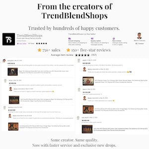 May include: Image displaying customer reviews for TrendBlendShops, a Star Seller. The image highlights over 750 sales and 150+ five-star reviews, emphasising customer satisfaction. Text includes the shop's name, product categories, and a promise of faster service and new drops.