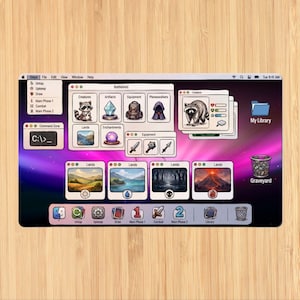 May include: A rectangular playmat featuring a digital interface design with various game elements. The design includes icons for creatures, artifacts, and lands, along with a trash can icon labeled "Graveyard". The background has a purple and black gradient.