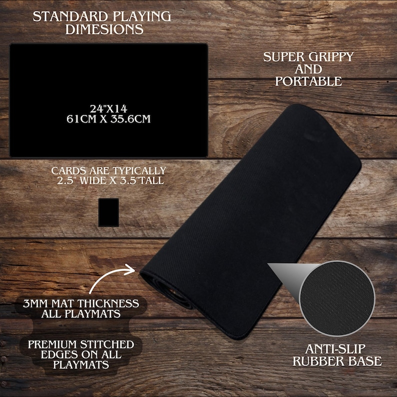 May include: Black playmat with dimensions of 24" x 14" (61cm x 35.6cm). Features include premium stitched edges, a 3mm thickness, and an anti-slip rubber base. The mat is designed to be super grippy and portable.