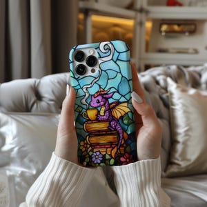 Book Dragon Faux Stained Glass Phone Case, Fantasy Lover Gift, Protective Cover (iPhone & Samsung)