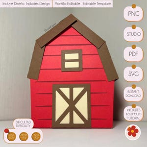 May include: Red barn shaped papercraft with brown trim and a white window. The barn has a brown door with a white X design. The image includes the text "Incluye Diseño Includes Design", "Plantilla Editable Editable Template", "FlorisPaper", "PNG", "STUDIO", "PDF", "SVG", "INSTANT DOWLOAD", "INCLUDES ASSEMBLED TUTORIAL", "DIFICULTAD DIFFICULTY", "BAJA LOW", "MEDIA HALF", "ALTA HIGH".