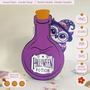 May include: Purple potion bottle with a Halloween potion label and a cute owl peeking out from behind it. The bottle has a cork stopper and a star on the label. The owl is wearing a witch's hat with a star and a pumpkin on it. The image includes the words "Halloween Potion" and "Instant Download".