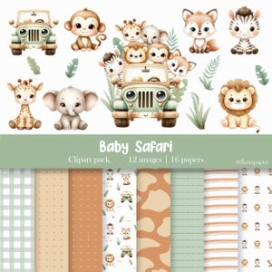 Puede incluir: Ilustraciones en acuarela de animales de safari bebés, incluyendo un mono, una jirafa, un elefante, un león, una cebra y un zorro. La imagen incluye un jeep y papeles estampados. El texto dice "Baby Safari Clipart pack 12 images | 16 papers".