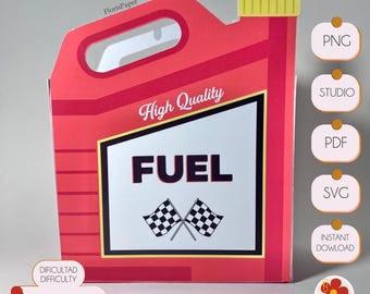 Op de afbeelding: Rode en witte brandstofkan party-favour box met de woorden "High Quality" en "FUEL" erop gedrukt. De doos heeft een geruit vlagontwerp en de woorden "DIFICULTAD DIFFICULTY" staan ​​onderaan gedrukt. De doos is beschikbaar in de formaten PNG, STUDIO, PDF, SVG en DIRECT DOWNLOAD.