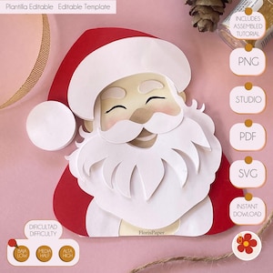 May include: A red and white papercraft Santa Claus head with a white beard and a red hat. The image includes the text "Plantilla Editable Editable Template", "DIFICULTAD DIFFICULTY", "BAJA LOW", "MEDIA HALF", "ALTA HIGH", and "FlorisPaper".