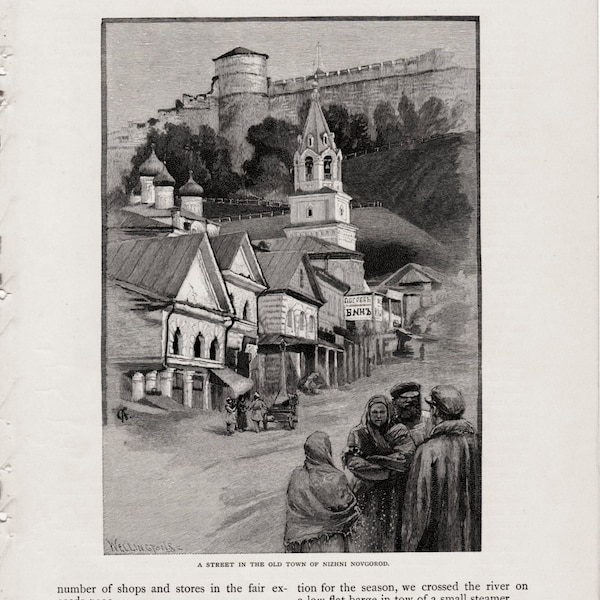 Antique Original Engraving, 1888 Engraving 'A Street in the Old Town of Nizhni Novgorod' Russia, 1888  Century Magazine Engraving, Frameable