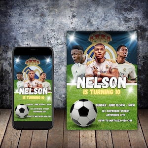 Real Madrid verjaardagsuitnodiging met Vinicius Jr, Kylian Mbappe en Jude Bellingham | Bewerkbare digitale sjabloon | Voetbal feest