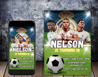 Real Madrid Birthday Invitation with Vinicius Jr, Kylian Mbappe, and Jude Bellingham | Editable Digital Template | Kids&#39; Soccer Party |