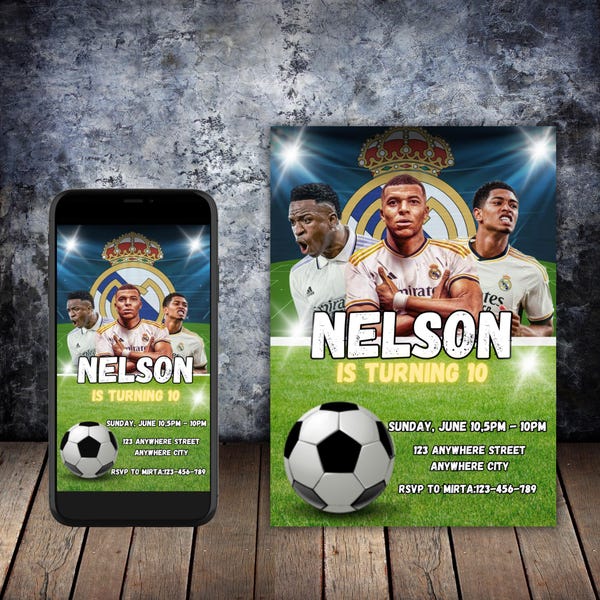 Real Madrid Birthday Invitation with Vinicius Jr, Kylian Mbappe, and Jude Bellingham | Editable Digital Template | Kids' Soccer Party |