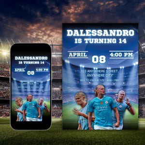 Convite de aniversário Halaand, convite de futebol, Manchester City, convite editável, cartão de aniversário, download instantâneo
