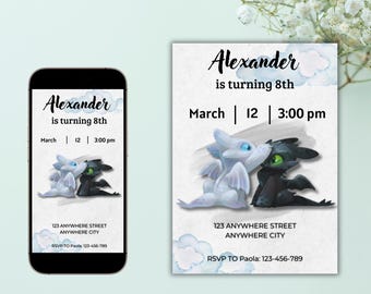 Night Fury and Light Fury Birthday Invitation, Dragon Invitation, Dragon Birthday, Dragon Invitation Template