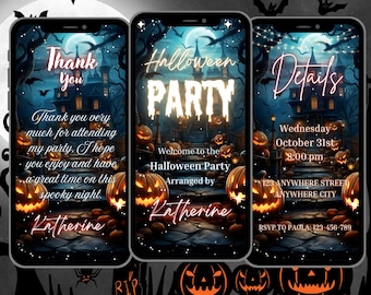 May include: A Halloween party invitation with a spooky house, pumpkins, and bats. The text reads "Halloween Party" and "Welcome to the Halloween Party Arranged by Katherine".