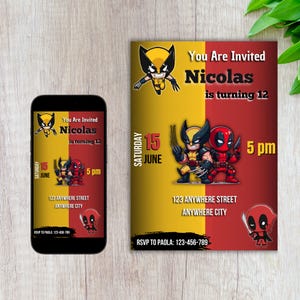 Deapool und Wolverine Geburtstagseinladung, bearbeitbare Vorlage, sofortiger Download, Superhelden-Geburtstagsparty