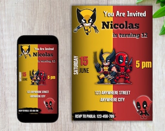 Deadpool and Wolverine Birthday Invitation, Editable Template, Instant Download, Superhero Birthday Party