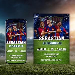 Convite de aniversário do Barcelona com Raphinha, Robert Lewandowski, Lamine Yamal, modelo digital, convite de futebol, editável
