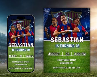 Barcelona-Geburtstagseinladung mit Raphinha, Robert Lewandowski, Lamine Yamal, digitale Vorlage, Fußball-Einladung, editierbar