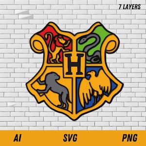 Puede incluir: Un escudo amarillo, rojo, verde y azul con un contorno negro. El escudo presenta un león, un águila, una serpiente y un tejón. La letra "H" está en el centro del escudo.