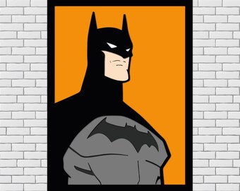 Op de afbeelding: Een zwart-grijze illustratie van Batman, een superheld, met een donkeroranje achtergrond. De afbeelding is omlijst in zwart.