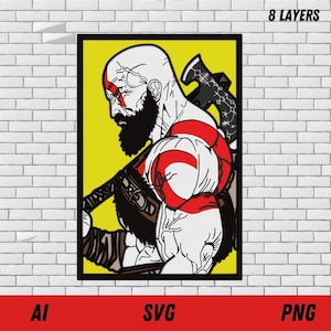 Kratos Svg Diseño en capas, arte de pared 3d, pintura DIY, corte láser y cartón multinivel, El arte de pared inmortal