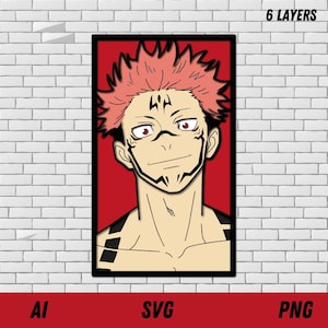 May include: A framed anime-style portrait of a character with red hair and red eyes, set against a red background. The character has black markings on their face and body. The image is labeled with the text "6 LAYERS", "AI", "SVG", and "PNG".