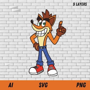 May include: A cartoon illustration of Crash Bandicoot, a video game character, with orange fur, a white belly, blue jeans, and red trainers. He is smiling and holding his right hand up with his index finger pointing.
