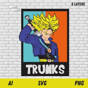 May include: A digital illustration of a cartoon character with spiky blonde hair, wearing a blue jacket and holding a sword. The character is standing in front of a blue and orange background. The text "TRUNKS" is written in white letters on a black background.