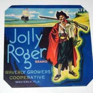 Vintage (1930s) Fruit Crate label - Jolly Roger Pirate Oranges